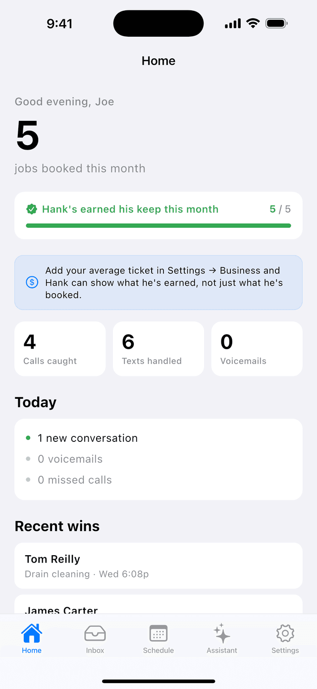 Hank dashboard showing jobs booked, calls caught, voicemails handled