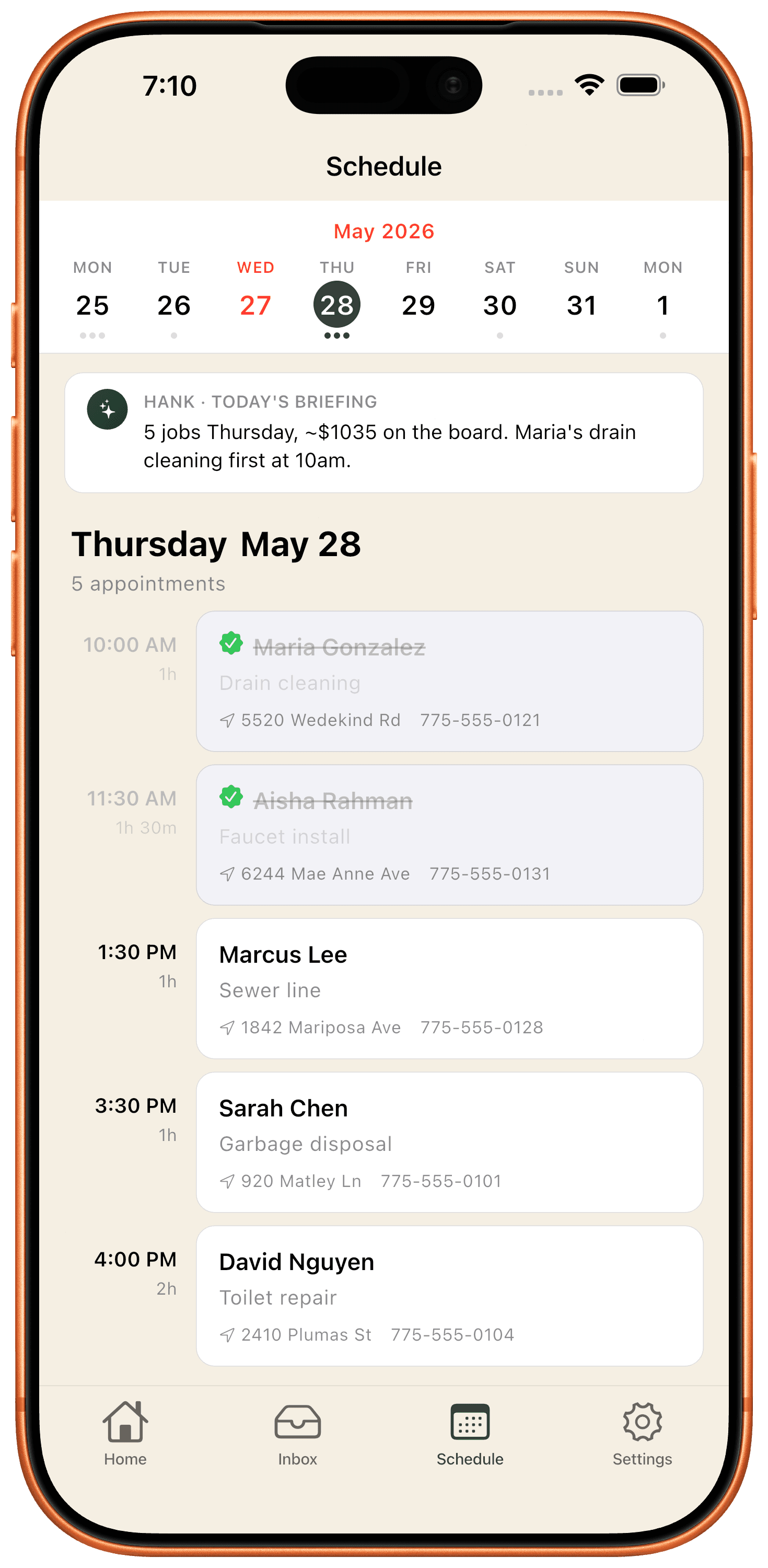 Daily schedule with booked appointments